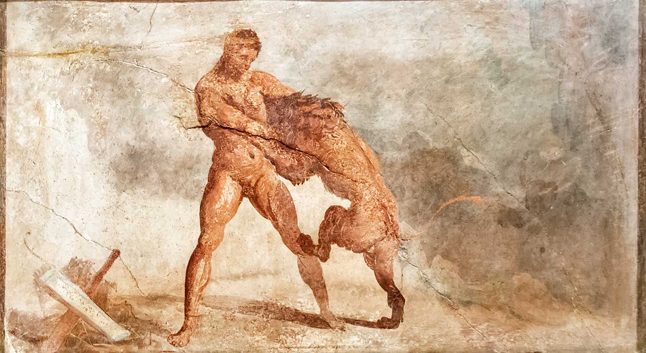 Ercole combatte con un leone in un dipinto a Pompei