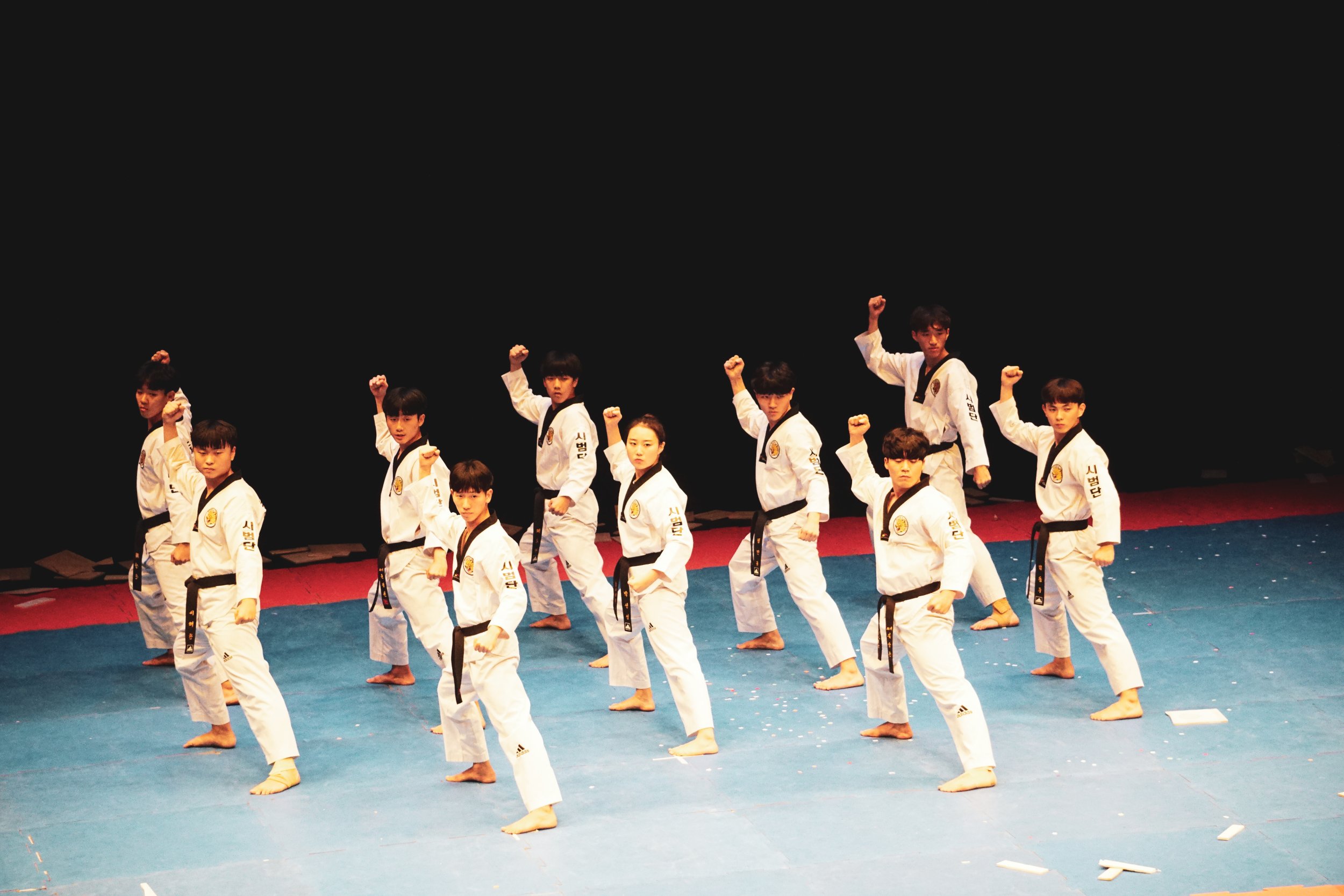 Combattenti di taekwondo in un'esibizione sincronizzata