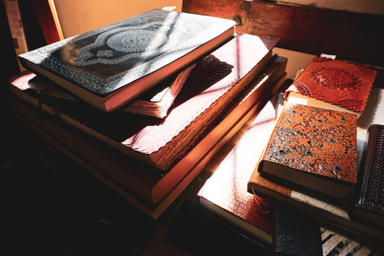 Decorated leather books in the sun